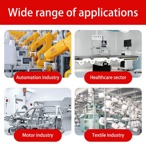 Wide range of applications including automation, healthcare, motor, and textile industries, showcasing machinery and equipment.
