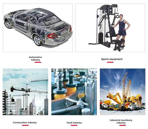 Collage of various industries: automotive, sports equipment, construction, food, and industrial machinery.
