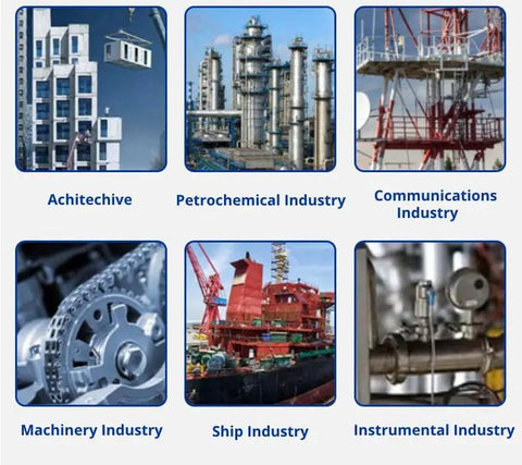 Collage of six industry images: architecture, petrochemical, communications, machinery, ship, and instrumental industries.