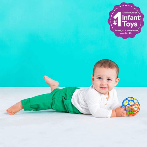 Baby playing with Bright Starts Oball Easy Grasp Classic Ball BPA-Free Infant Toy in Red, Yellow, Green, Blue, Age Newborn and up, 4 Inches.