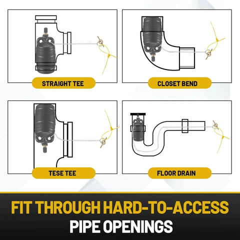 Diagrams showing Two Piece 2 Inch Inflatable Pipe Ball Plugs for Pressure Test in various pipe fittings.