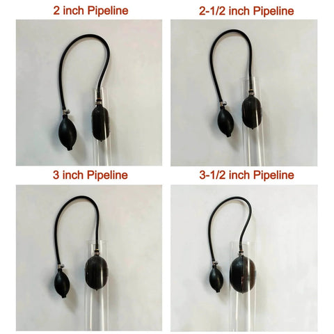 Inflatable Pipe Plug Balloon for Plumbing Tests and Pipe Sealing, Temporary Water Blocker and Leak Test Plug for PVC Pipes Two to Three and a Half Inches or Inner Diameter One Point Seven to Four Point One Inches, shown in 2, 2-1/2, 3, and 3-1/2 inch pipelines