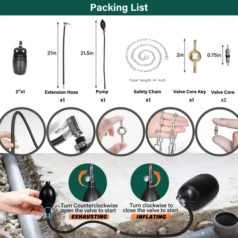 2 Inch Inflatable Pipe Plug Balloon Kit With Extension Hose And Pump For Plumbing Pressure Testing And Leak Detection Fits 1.8 To 2.2 Inch Pipes Includes Safety Chain Valve Core Key And Two Spare Cores