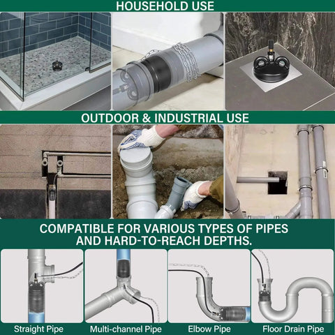 Image of a 2 Inch Inflatable Pipe Plug Balloon Kit With Extension Hose And Pump For Plumbing Pressure Testing And Leak Detection Fits 1.8 To 2.2 Inch Pipes Includes Safety Chain Valve Core Key And Two Spare Cores, showing its use in various plumbing setups including household and industrial applications.