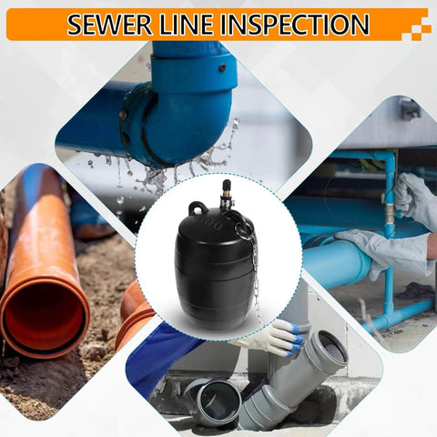 Inflatable Pipe Test Plug Kit With 39.37 Inch Quick Install Extension Hose, visible with steel ring and chain amid various pipe inspections.