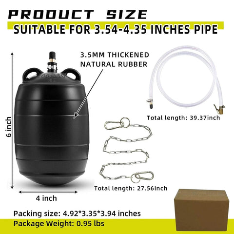 Rubber Test Ball Sewer Test Plug Inflatable Pipe Plug For Laboratory Testing And Sewer Line Maintenance 4 Inch Diameter Durable Reusable Residential Pipe Sealing And Blockage Repair with accessories and packaging.