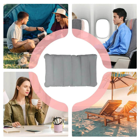 Inflatable seat cushion for travel, camping, and comfort with images of various uses, including airplanes and beach chairs.