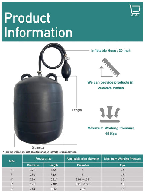 Inflatable Pipe Plug Balloon For Sealing And Testing Sewer Pipes With Integrated Air Pump Plumbing Pressure Bladder, size chart visible.