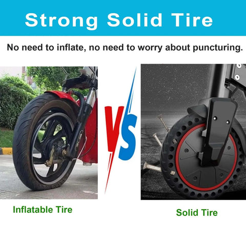 Comparison of inflatable tire versus solid tire for electric scooters, showcasing puncture resistance and maintenance-free benefits.