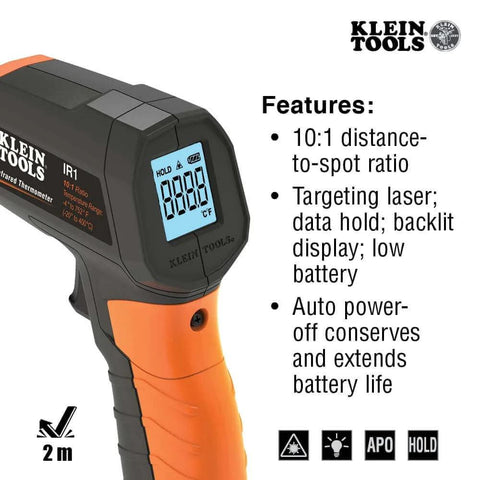 Infrared Thermometer and GFCI Receptacle Tester Kit with digital display and features like data hold, backlit display, low battery indicator.