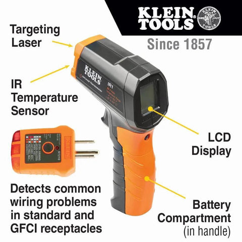 Infrared Thermometer and GFCI Receptacle Tester Kit with LCD display and targeting laser for non-contact digital temperature measurement.