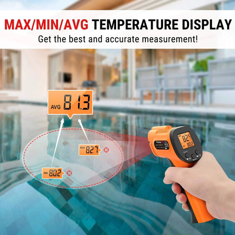 Infrared Thermometer Gun measuring pool temperature, showing max, min, avg display, laser thermometer for cooking, HVAC, engine use