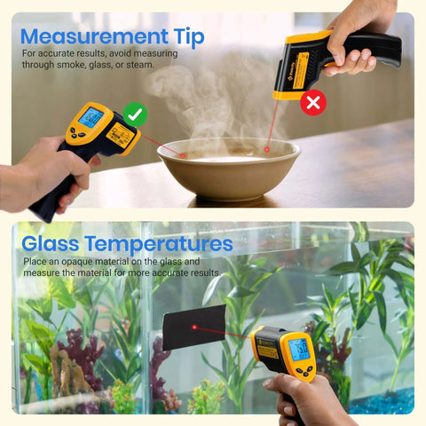 Infrared Thermometer Laser Temperature Gun 774 demonstrating temperature measurement on soup and aquarium glass
