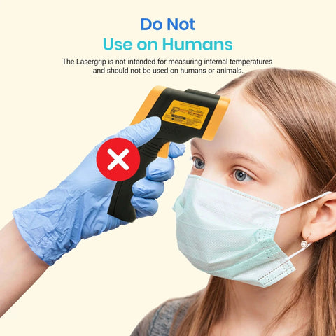Infrared Thermometer Laser Temperature Gun 774 shown incorrectly used on a person with a mask, not for human use, yellow.