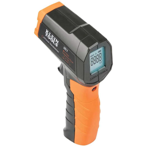 Infrared Thermometer and GFCI Receptacle Tester Kit, non-contact digital temperature measurement device with orange and black design.