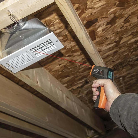 Using Infrared Thermometer and GFCI Receptacle Tester Kit for non-contact digital temperature measurement of ceiling vent