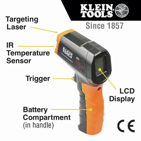 Diagram of Klein Tools Infrared Thermometer, Digital Laser Gun is Non-Contact Thermometer with labels for laser, sensor, trigger, and display.