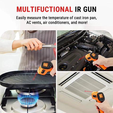 Multifunctional infrared thermometer gun measuring temperature on griddle, engine, and HVAC vents