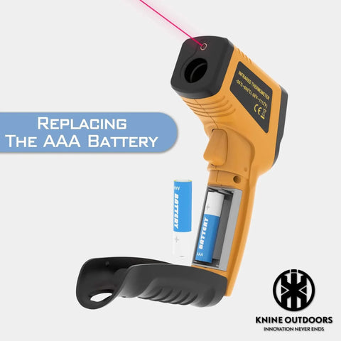 Infrared Thermometer Laser Temperature Gun, -58℉ to 1112℉, Single Laser Targeting, showing battery replacement