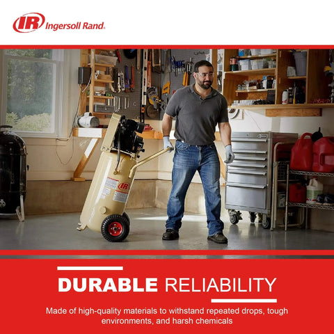 Man moving Ingersoll Rand P1.5IU-A9 2hp 20 gal Single-Stage Compressor (115/1) 42663401 in a garage setting