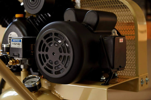 Close-up of the Ingersoll Rand P1.5IU-A9 2hp 20 gal Single-Stage Compressor (115/1) 42663401 showing motor and parts.