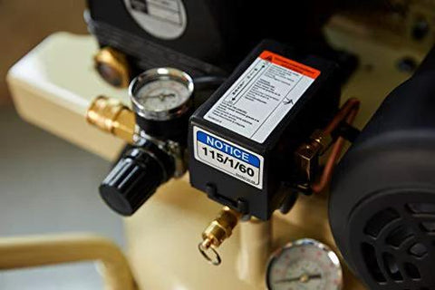Close-up of Ingersoll Rand P1.5IU-A9 2hp 20 gal Single-Stage Compressor (115/1) 42663401 gauge and notice tag on tan tank