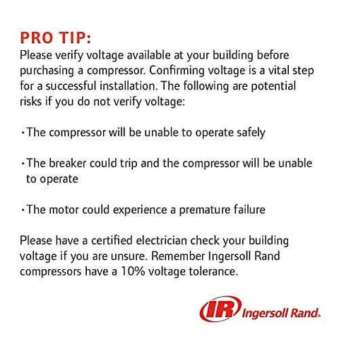 Ingersoll Rand P1.5IU-A9 2hp 20 gal Single-Stage Compressor (115/1) 42663401 voltage verification tip sheet