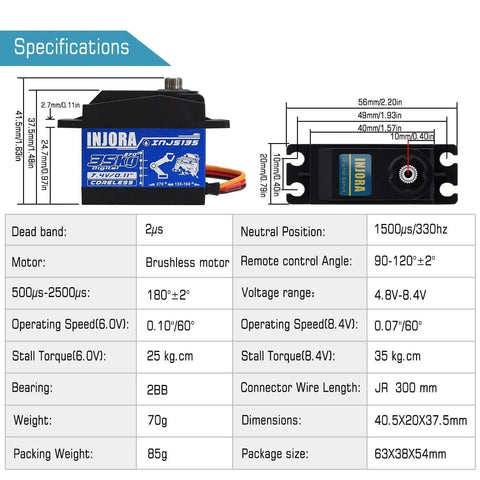 Specifications of 35KG Brushless Waterproof High Voltage Servo Motor High Torque Digital Servo for RC Car Model with dimensions.