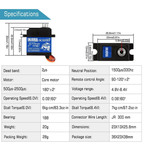 Specifications of the INJORA 7KG 2065 Digital Servo Waterproof High Voltage Sub-Micro Shift Servo for TRX4 TRX6 SCX10 III 1/10 RC Crawler Car,1PCS.