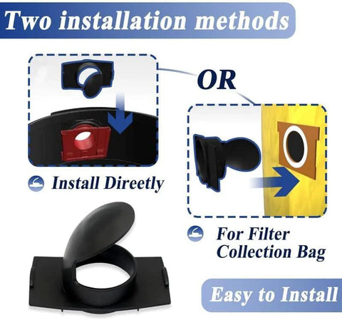 Vacuum inlet deflector replacement part, black plastic, shown with two installation options (direct install or for filter bag).