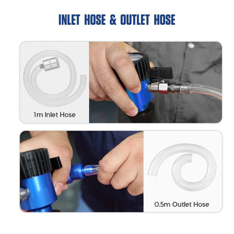 MR CARTOOL coolant vacuum refill tool kit with 1m inlet hose, 0.5m outlet hose, blue aluminum body and adapters.