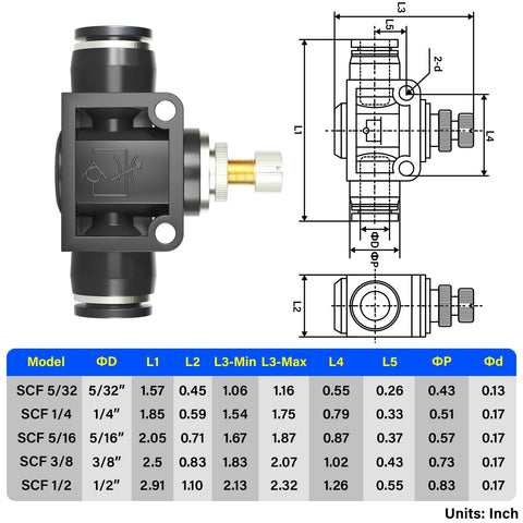 TAILONZ SCF-1/4 pneumatic air flow control valve side view with push-to-connect fitting, inline speed controller, 1/4 in tube OD