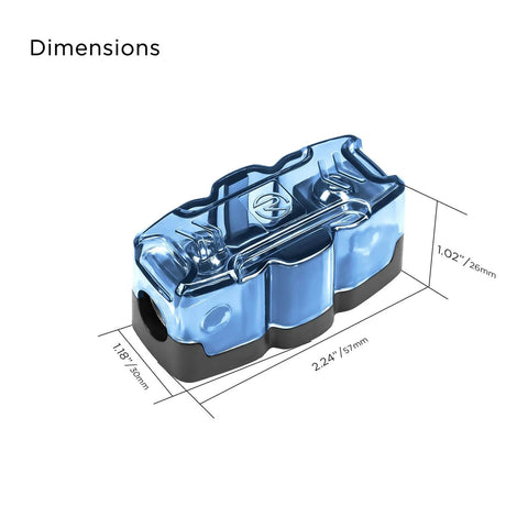 Inline Mini ANL Fuse Holder With Reducer Beefy Heavy Duty Build 1 X 4 To 8 Gauge In And 1 X 4 To 8 Gauge Out with dimensions