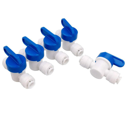 Inline shut-off ball valves with blue levers for 1/4 in OD tubing; white plastic bodies, pack of 5