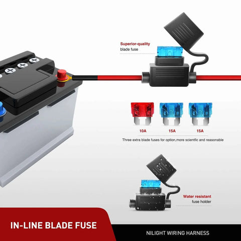 Diagram showing 16 AWG Off Road LED Light Bar Wiring Harness Kit With 12V Relay On Off Rocker Switch And Two Leads, fuse details
