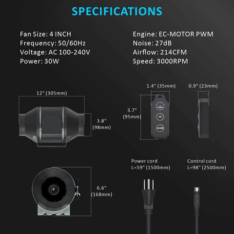Ultra Quiet 4 Inch Inline Duct Fan With EC Motor Delivering 214 CFM At 30W And 27dB Noise, 10 Speed Controller, specifications chart