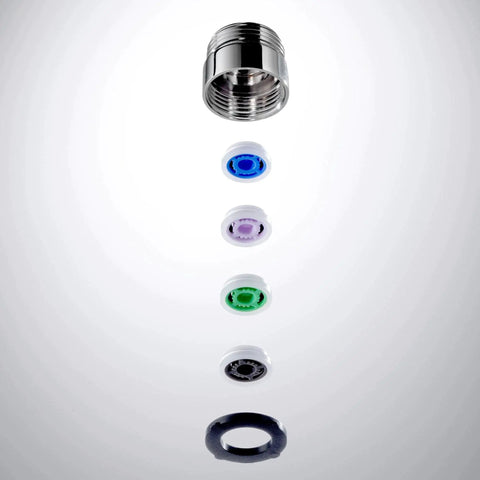 3/4 Inch Inline Flow Regulator Kit With 1.0 1.5 2.0 3.0 And 4.0 GPM Inserts, shown with various colored inserts and adapter.