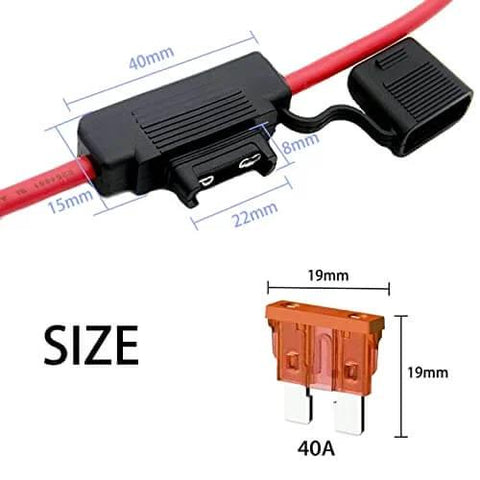 Inline Fuse Holder For 10 AWG Wire With 40 Amp ATC Blade Fuses, 4 Pack, detailed size dimensions shown with heavy duty red wire