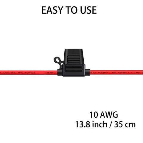 Inline Fuse Holder For 10 AWG Wire With 40 Amp ATC Blade Fuses, red wire and water-resistant cap, front view.