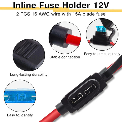 Two Pack Inline Fuse Holders For 12V Systems With 16 AWG Wire Waterproof Fuse Holder Includes 15A ATC ATO Standard Blade Fuses