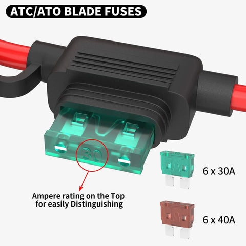10 Gauge Inline Fuse Holder For 12V Power Systems With 10 AWG Wires Waterproof Marine Grade Fits ATC And ATO Blade Fuses Includes 30 Amp And 40 Amp Fuses Six Pack, showing ATC/ATO blade fuse installation with ampere ratings.