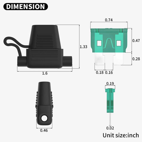 Dimensions of 10 Gauge Inline Fuse Holder For 12V Power Systems With 10 AWG Wires Waterproof Marine Grade Fits ATC And ATO Blade Fuses Six Pack.