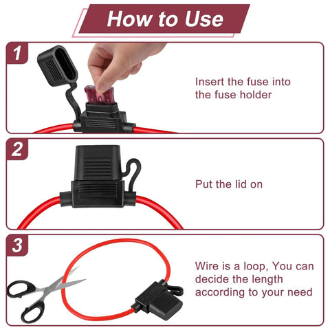 Steps to use the 10 Pack Inline Fuse Holder Kit 12V Waterproof 12 AWG With 35 Standard Car Fuses 5A To 40A For Marine Auto And Electrical Circuits.