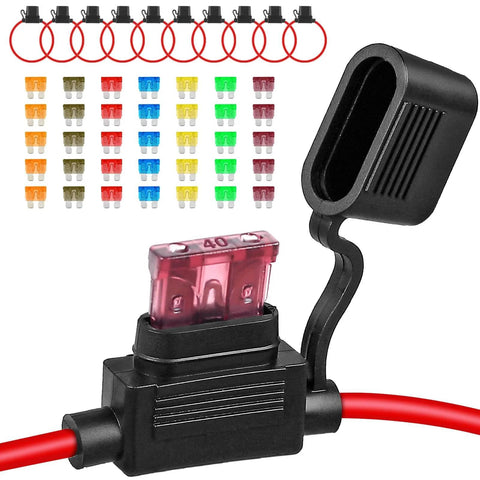 10 Pack Inline Fuse Holder Kit 12V Waterproof 12 AWG With 35 Standard Car Fuses 5A To 40A For Marine Auto And Electrical Circuits
