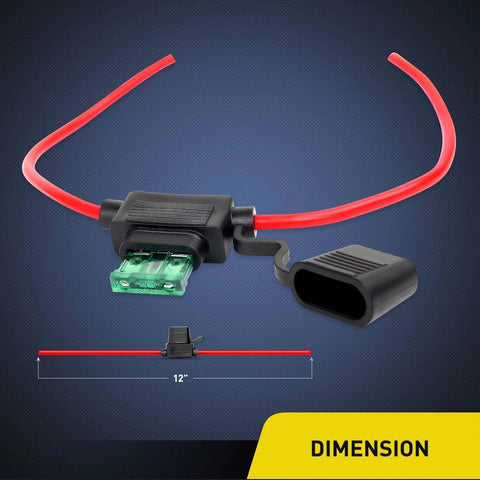 Inline Fuse Holder Kit For 14 AWG Wiring Harness With Weatherproof Lid And Heavy Duty Red 14 AWG Wire Fits ATC And ATO Blade Fuses Up To 30 Amp 10 Pack With Two Year Warranty, showing 12-inch wire length and open lid