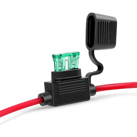 Inline Fuse Holder Kit For 14 AWG Wiring Harness With Weatherproof Lid And Heavy Duty Red 14 AWG Wire Fits ATC And ATO Blade Fuses Up To 30 Amp 10 Pack With Two Year Warranty visible with open lid and green fuse.