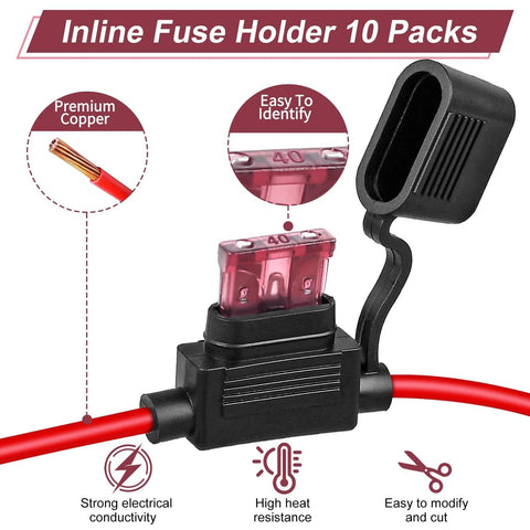Image of open inline fuse holder from the 10 Pack Inline Fuse Holder Kit 12V Waterproof 12 AWG with 35 standard car fuses 5A to 40A.