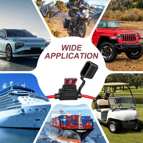 10 Pack Inline Fuse Holder Kit 12V Waterproof 12 AWG displayed with car, motorcycle, jeep, cruise, cargo ship, and golf cart.