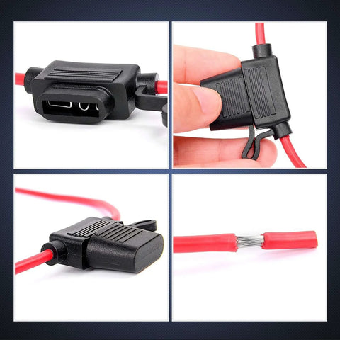 Inline Fuse Holder Kit For 14 AWG Wiring Harness With Weatherproof Lid And Heavy Duty Red 14 AWG Wire Fits ATC And ATO Blade Fuses Up To 30 Amp 10 Pack With Two Year Warranty shown in close-up views, showcasing weatherproof design and heavy-duty construction.