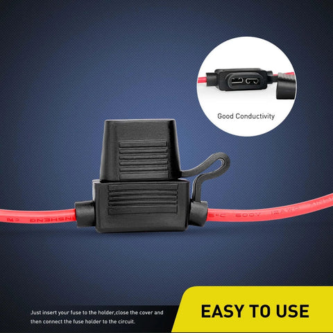 Inline Fuse Holder Kit For 14 AWG Wiring Harness With Weatherproof Lid And Heavy Duty Red 14 AWG Wire Fits ATC And ATO Blade Fuses Up To 30 Amp 10 Pack With Two Year Warranty shown with weatherproof lid closed